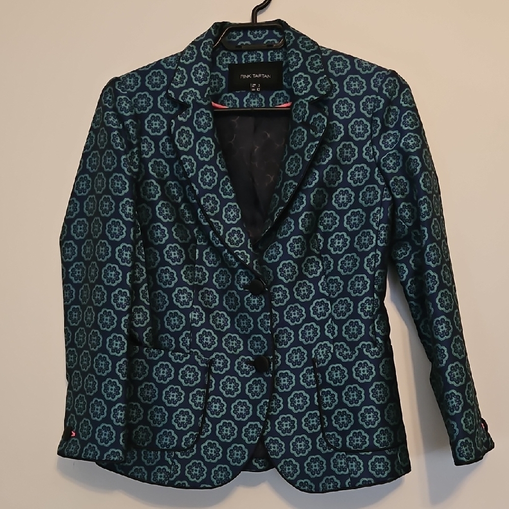 Pink Tartan Women's Blazer - Navy and Turquoise Pattern